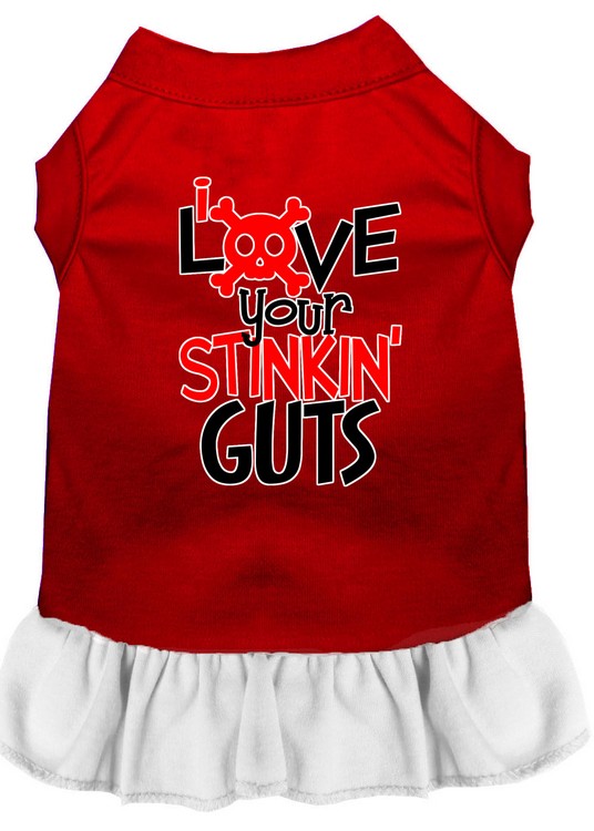 Love your Stinkin Guts Screen Print Dog Dress Red with White Med